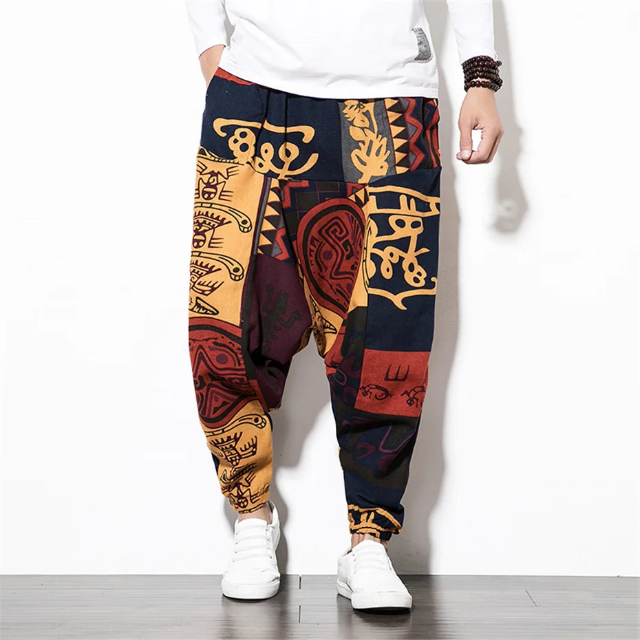 Hip Hip Streetwear Cross-pants Men Summer Loose Linen Pants Male Hip Hop Graffiti Trousers Elastic Waist