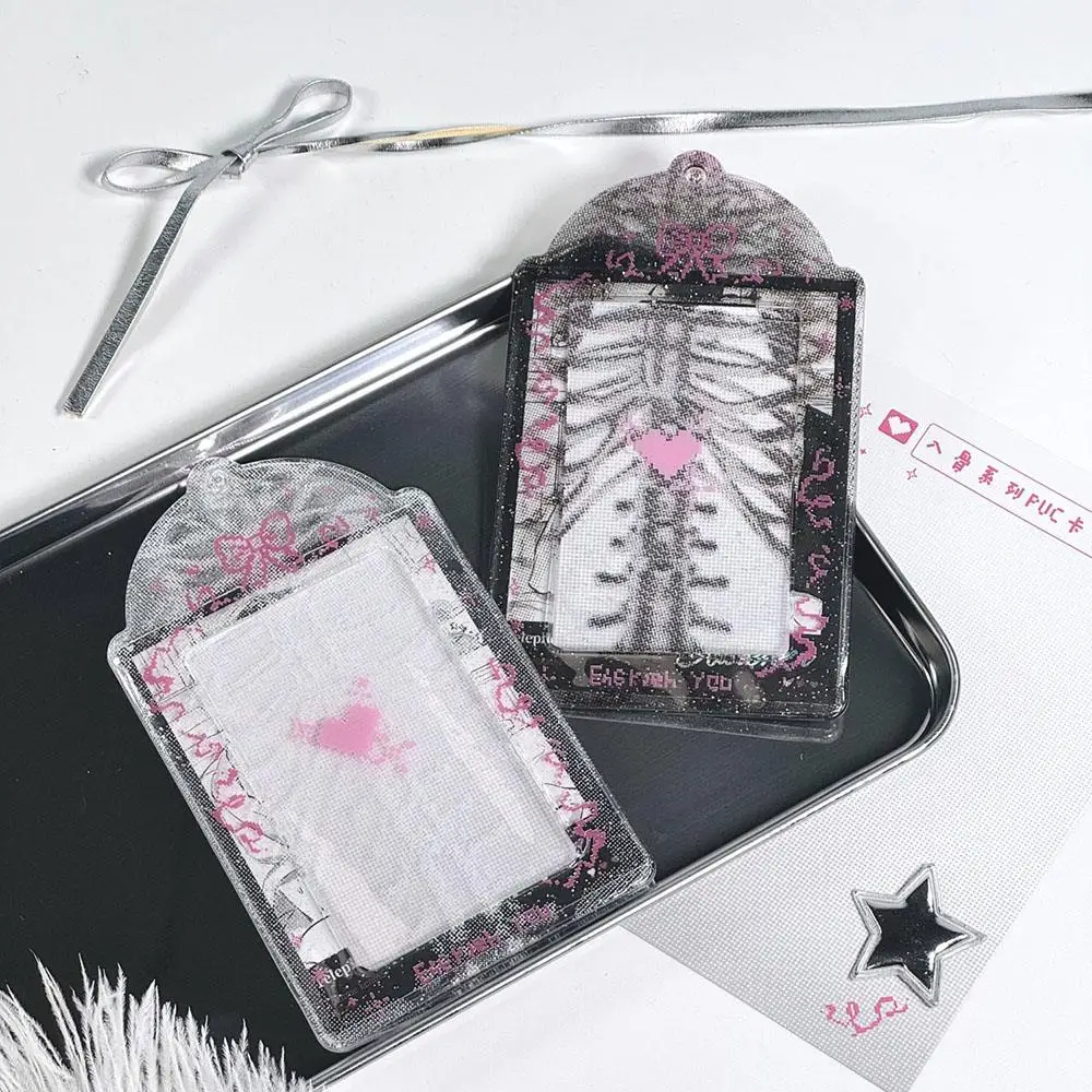 Cute Rib X-ray Photocard Holder with Keychain and Bowknot - 3-Inch Card Protect Sleeves