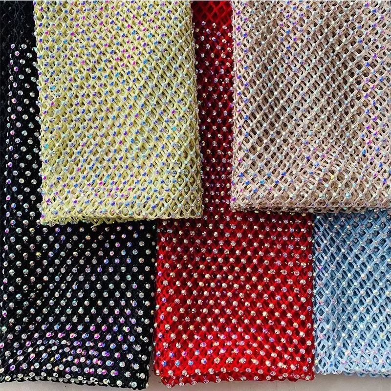 Luxurious High Gloss Elastic Diamond Mesh Fabric with Satin Belt Trim for DIY High-End Dressmaking