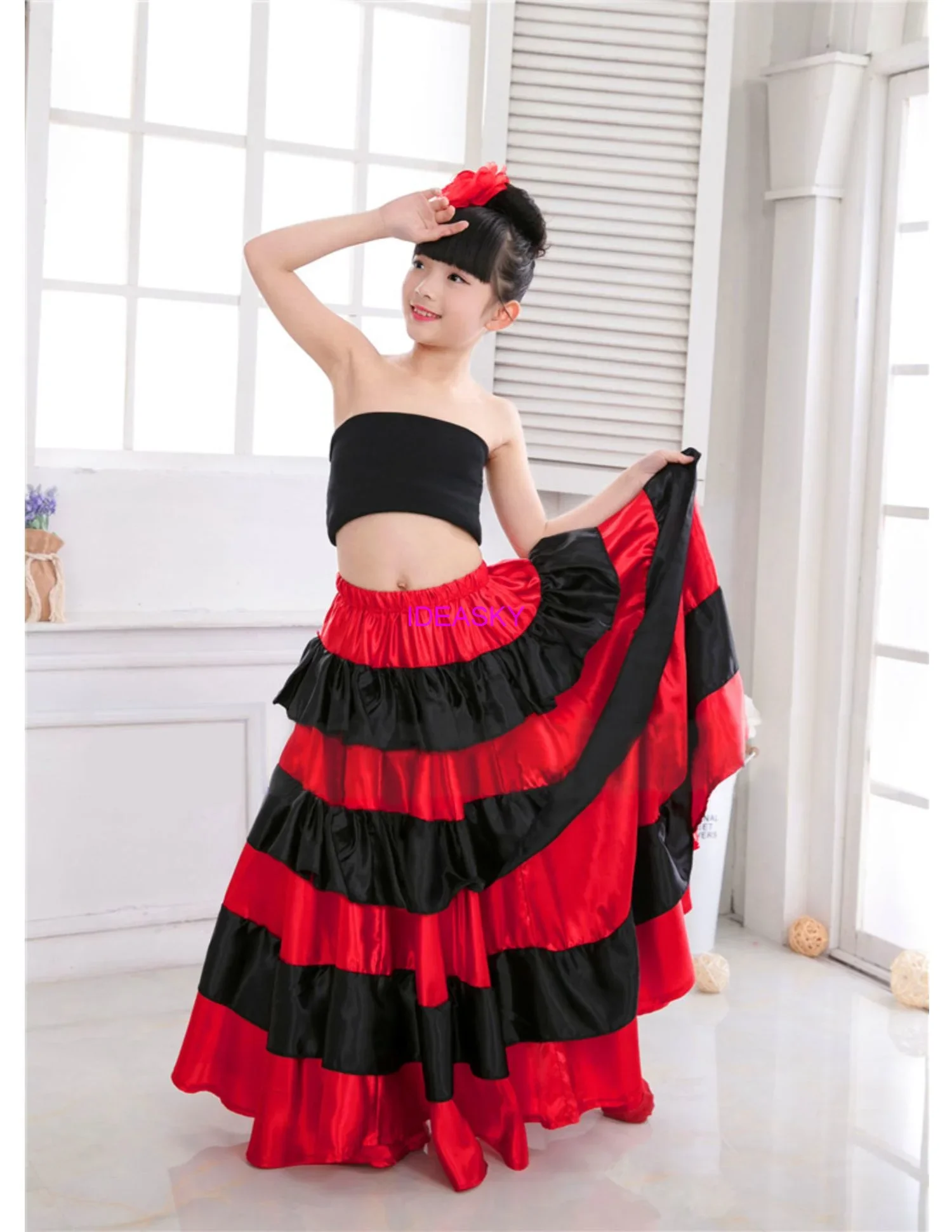 Women Flamenco Dresses Kids Flamenco Skirt Spanish Costume Girl long Red Flamenco Style Dress Ballroom Skirt for Girls Child Black Dance Dresses Costumes For Kids Clothes