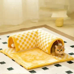 Creative Pet Tunnel Bed Classic Plaid 2 in 1 Cat Bed Game Tunnel Removable Warm Cat Tunnel with Fetch Ball Cat Bed