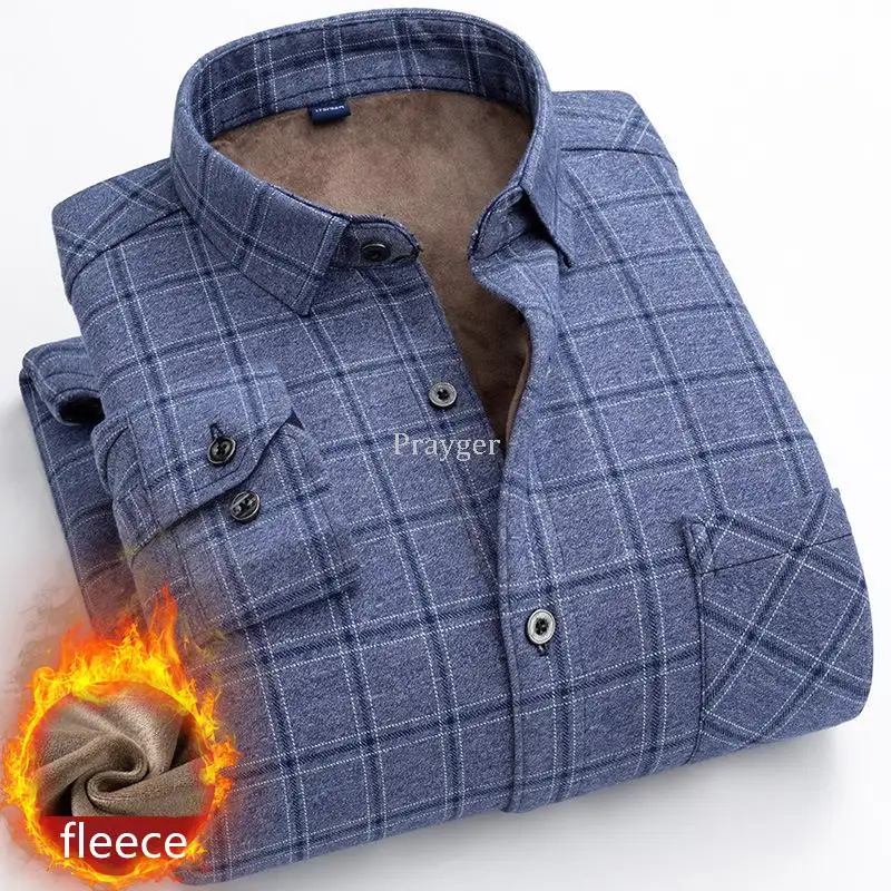 Men Winter Thermal Shirts Warm Fleece Underwear Plaid Flannel Social Thick Tops Long Sleeves Clothes