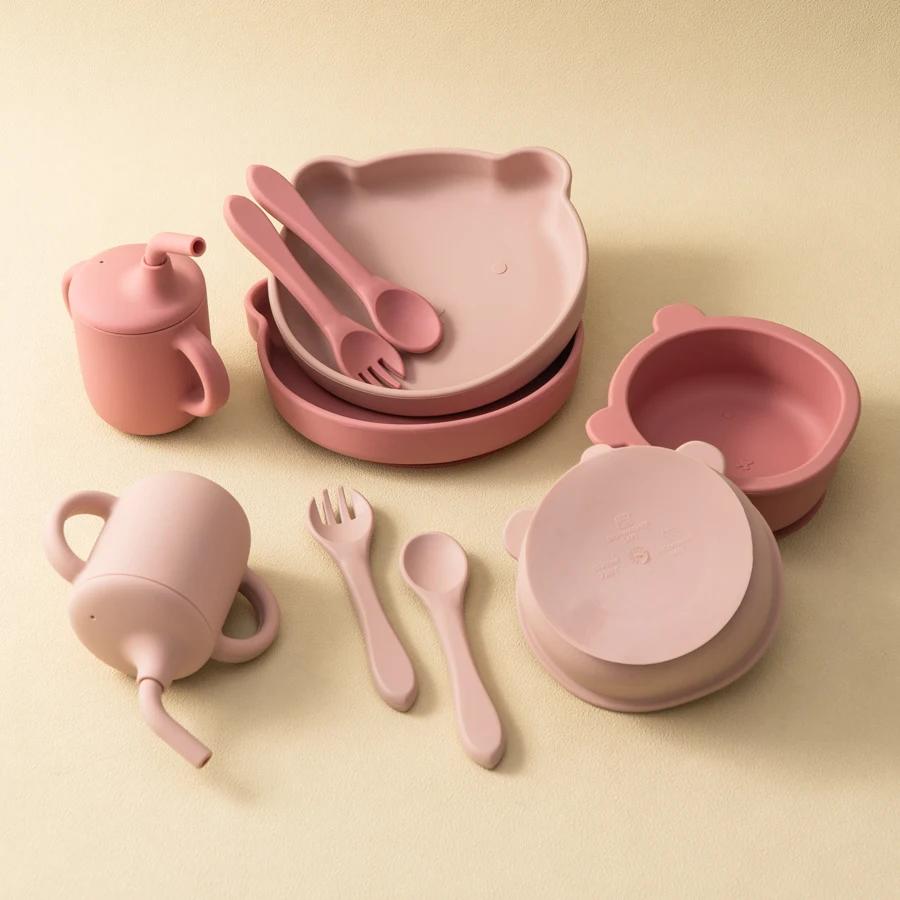 Color Kids Baby Silicone Waterproof Feeding Dishes Plate Suction Bowl Sippy Cup Feeding Training Spoon Fork Dishes Tableware 3