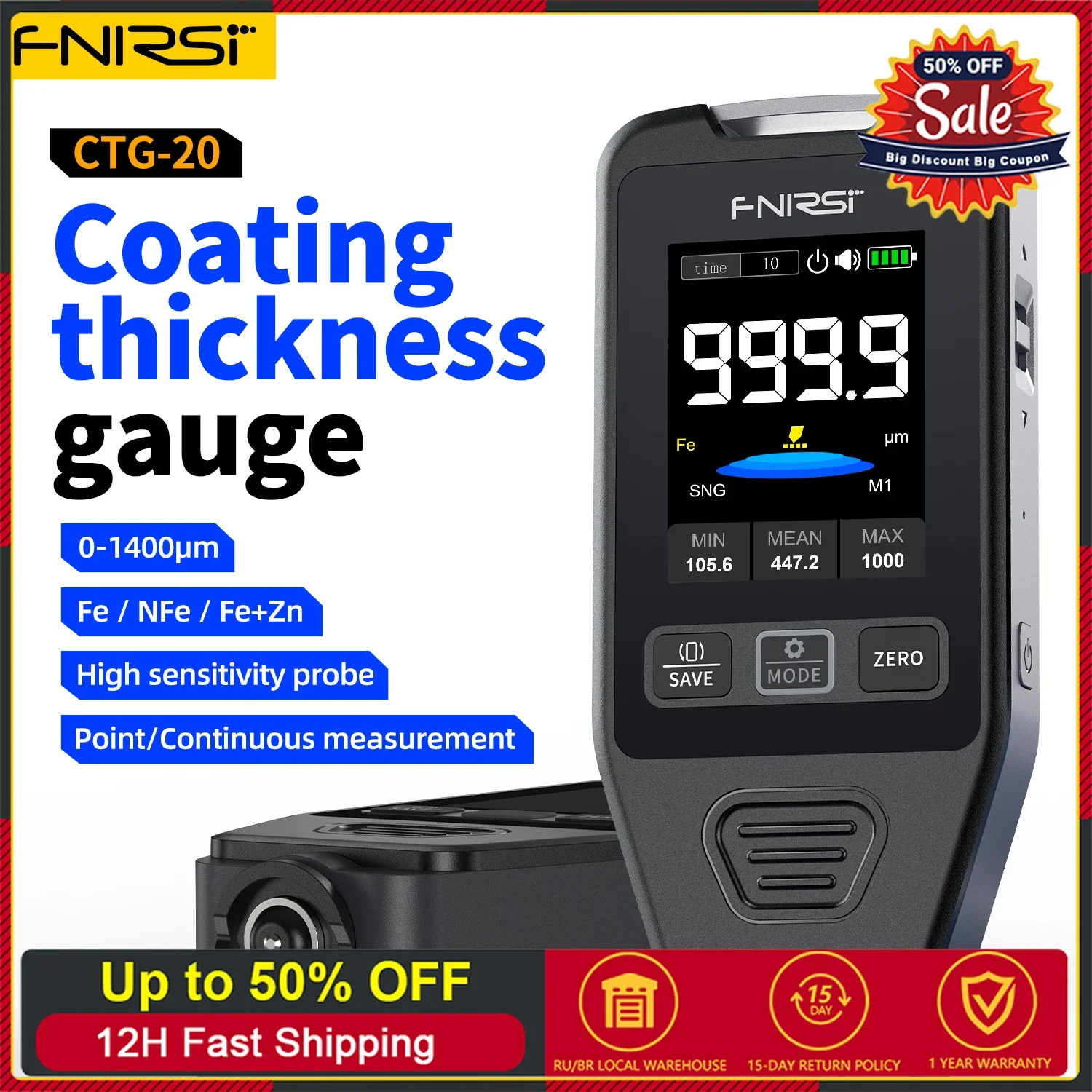 FNIRSI CTG-20 Car Paint Thickness Gauge Electroplate Metal Putty Powder Coating Thickness Gauge for Car 0-1400um Fe nFe Fe+Zn