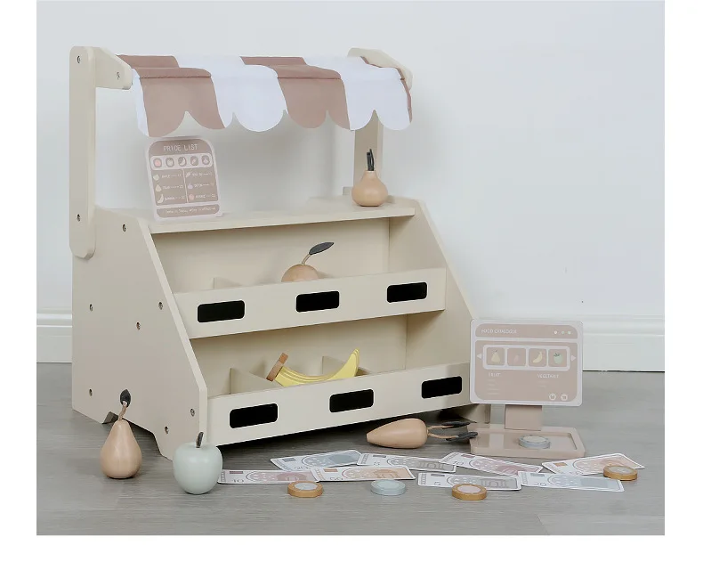 43cm High Quality Wooden Simulate Fruit stand banana apple pear cash register game Play house Interactive Toys baby girl gift 2