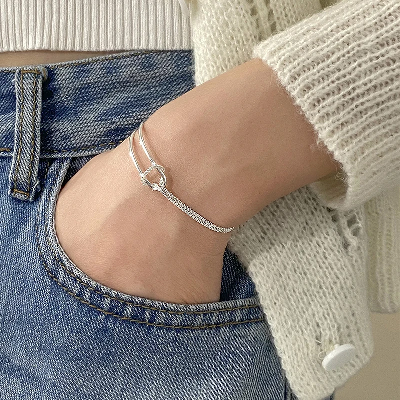 INZATT Real 925 Sterling Silver Asymmetric Double Layer Chain Bracelet for Women Hiphop Fine Jewelry Minimalist Accessories 3