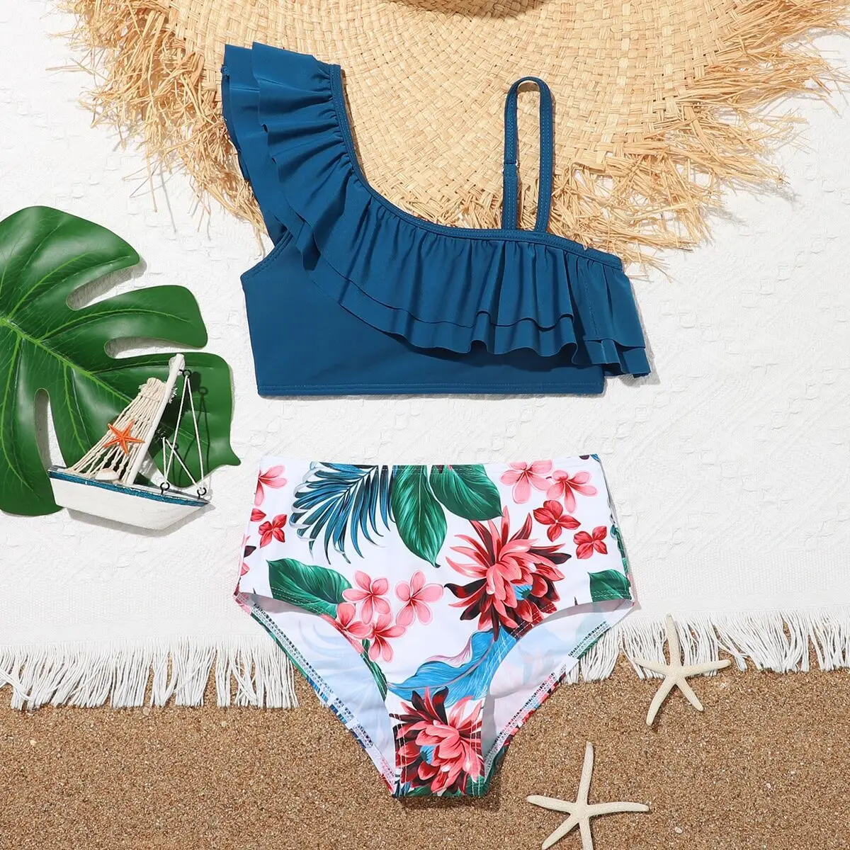 Ragazze Bambini Costumi Da Bagno Estate Spiaggia Bambini Costume Da Bagno 7-12 Anni Stampa Floreale Vita Alta Biquini Adolescenti Costume Da Bagno Rag