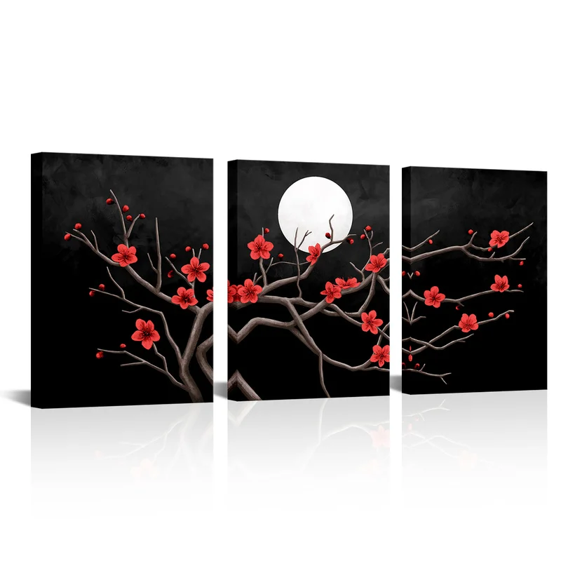 

3 Pieces Red Plum Bossom Wall Art Poster Full Moon Print Canvas Painting Modern Style Pictures Living Room Home Decor