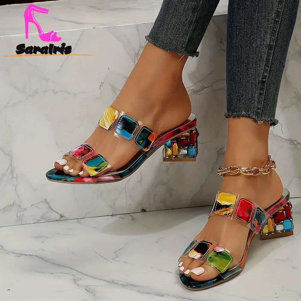 Chunky Heeled Women Sandals 2023 Hot Sale Rhinestone Heeled Peep Toe Lady Sandals Versatile Fashion Slip On Outwear Sandals