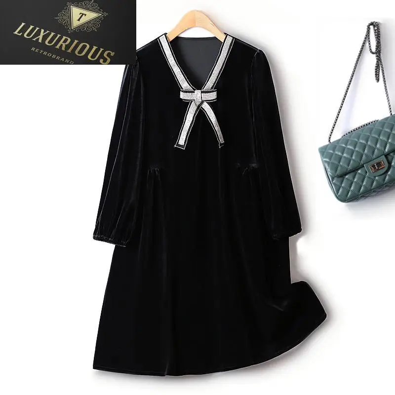 

Party Dresses Autumn 2024 Light Luxury V-neck Chain Bow Pinch Pleated Velvet Slim Full Sleeve Korean Fashion Winter Black Dress