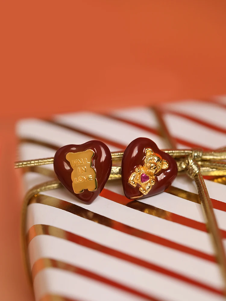 

“”True Love Bears"" Vintage Design Delicate Heart Cute Niche Red Enamel Sterling Silver Earrings