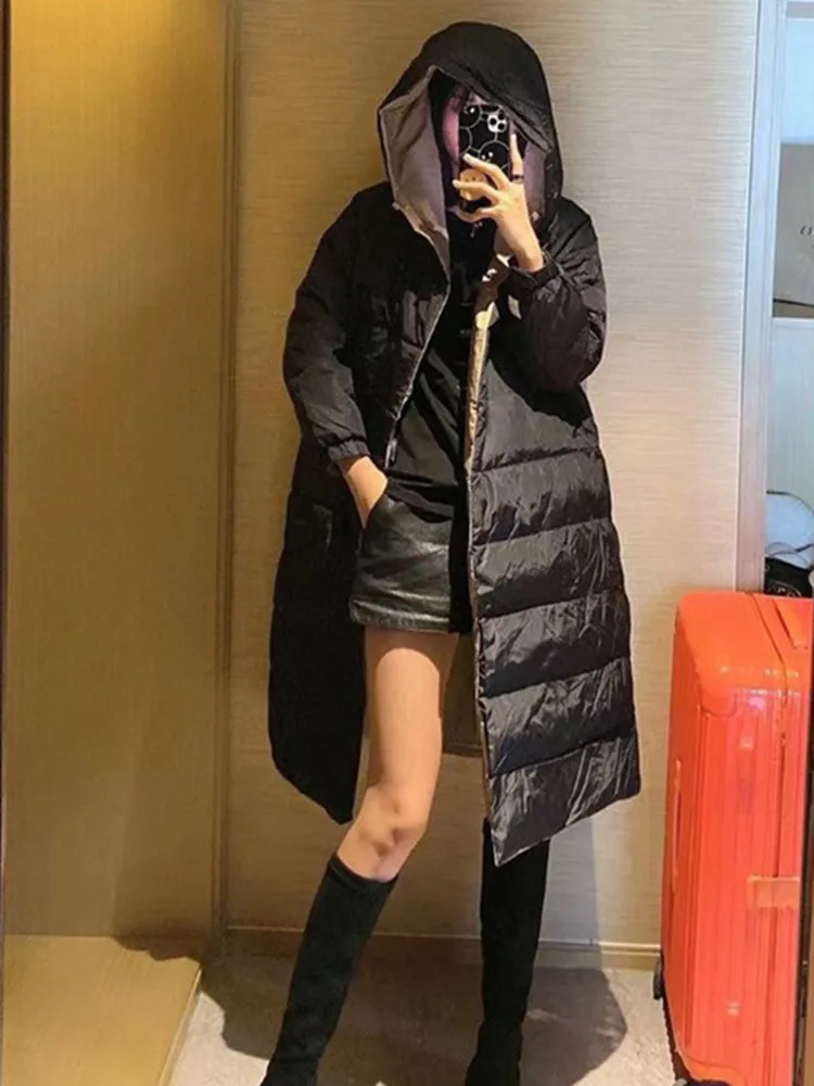 

2023 Winter Women Double-Sided Wearing Mid Length Down Coat Hooded Lace-Up Single Breasted 3 Colors Loose Female Jacket