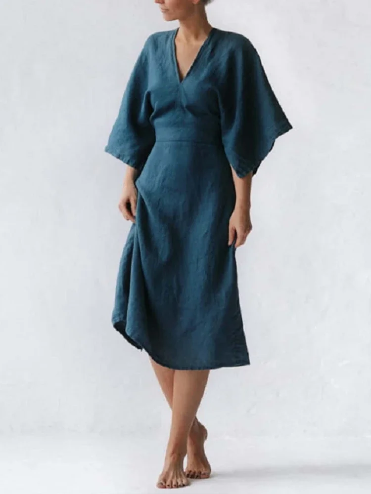 

Summer New in Dresses Elegant and Whitening Linen Slim Fit V-neck Mid Length Crop Sleeve Brown Blue Mid-Calf Summer Dresses