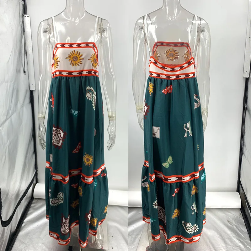 Suumer Women Long Printed Spaghetti Strap Dress Retro Sleeveless A-line Long Dress Elegant female holidays beach Party dresses