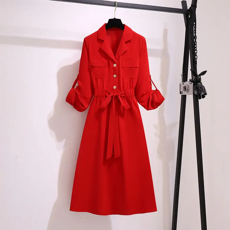 

Female dress 2023 spring new shirt skirt slime cover meat microvescour large size women's temperament long-sleeved red dress