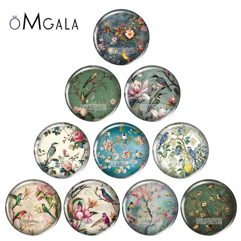 빈티지 사랑스러운 새와 꽃 그림 12mm/16mm/18mm/25mm 원형 사진 유리 카..