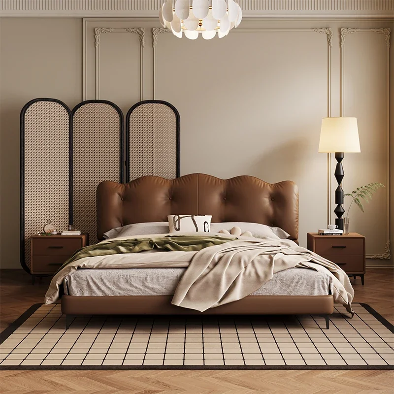 

Queen Size Double Bed Waterproof Villa Leather Luxury Headboard Twin Bed Frame Platform Sleeping Camas De Casal Home Furnitures