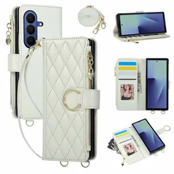 Quilted Zipper Card Holder Wallet Crossbody Phone Case - Galaxy Z Fold4 (Beige)