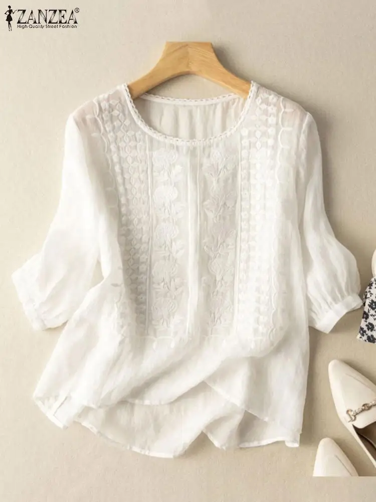 

ZANZEA Summer Women Lace Crochet Party Blouse Vintage Tops Casual Embroidery Shirt Solid Work O Neck 3/4 Sleeve Blusas Oversize
