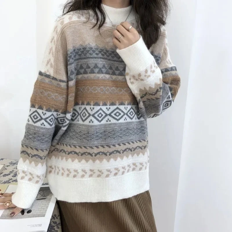 JMPRS Pullover Women Sweater Vintage Loose Casual Geometric Retro Lazy Female Harajuku Korean Style Knit Jumper Ulzzang Chic Top cable knit sweater