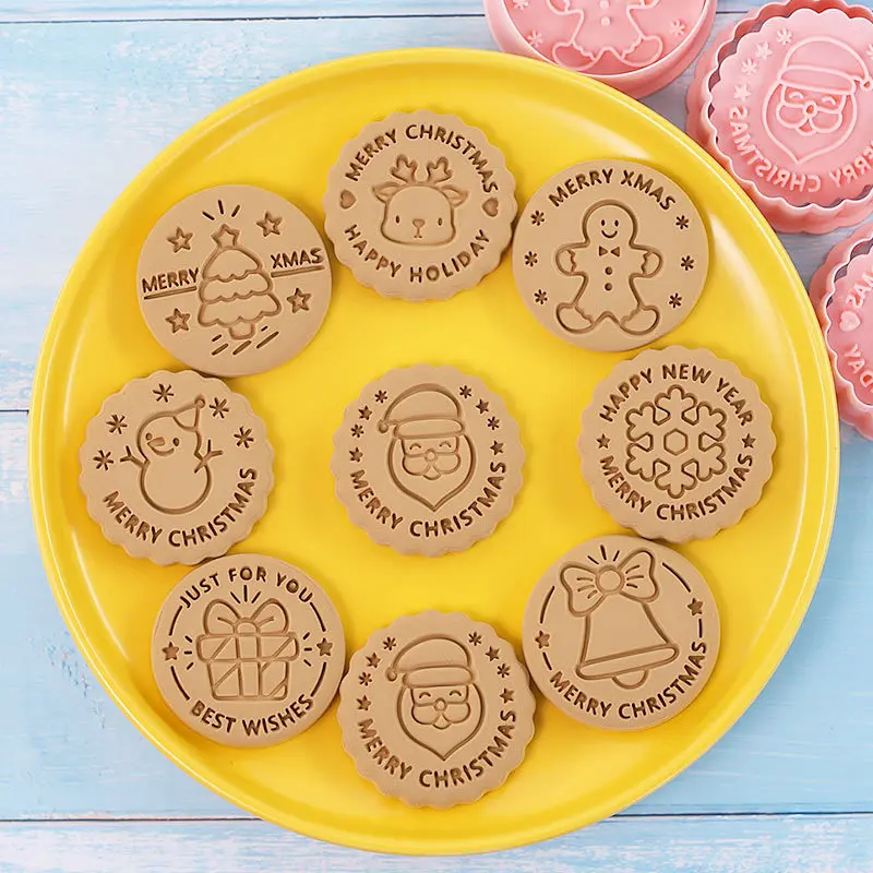 Cookie Cutter Cookie Mould Fondant Cutter Pastry Cutter 8Pcs Christmas Cookie Cutter Set Round XMAS Tree Gingerbread Man Deer Snowflake Fondant Embosser Stamp Christmas Party Supplies