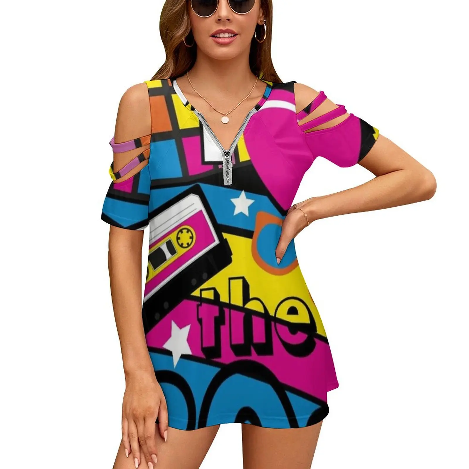 I Love The 80S! Cool Neon Pop Culture Shirt & Gifts New Fashion Zip Off Spalla Top Camicia Donna Manica Corta Neon 80S Pop