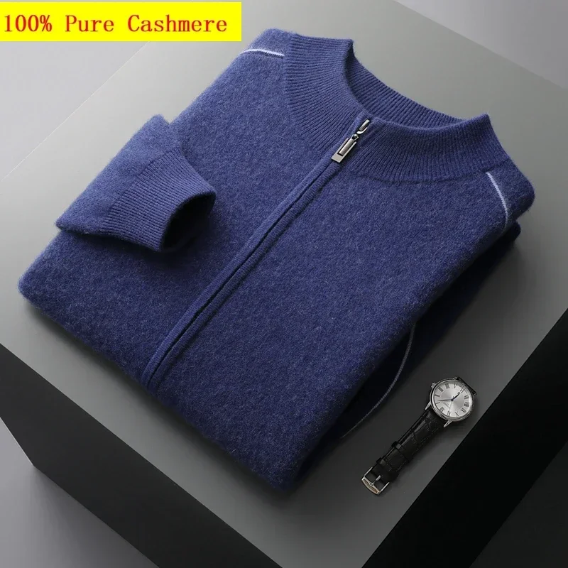 

New Arrival Autumn Winter Men's 100%Cashmere Zippered Cardigan Casual Half High Neck Knitted Sweater Jacket Thickened size S-3XL
