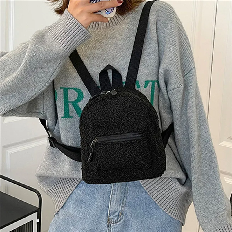 

Mini Plush Backpack Solid Color Women Little Girls Wild Fashion Soft Autumn Winter Stylish Small Daypack For Shopping Street