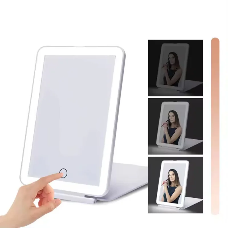 휴대용 LED 조명 조도 조절 메이크업 미러, 터치 USB 충전, 2000 mAh 배터리, 접이식 여행 미니 메이크업 미러
