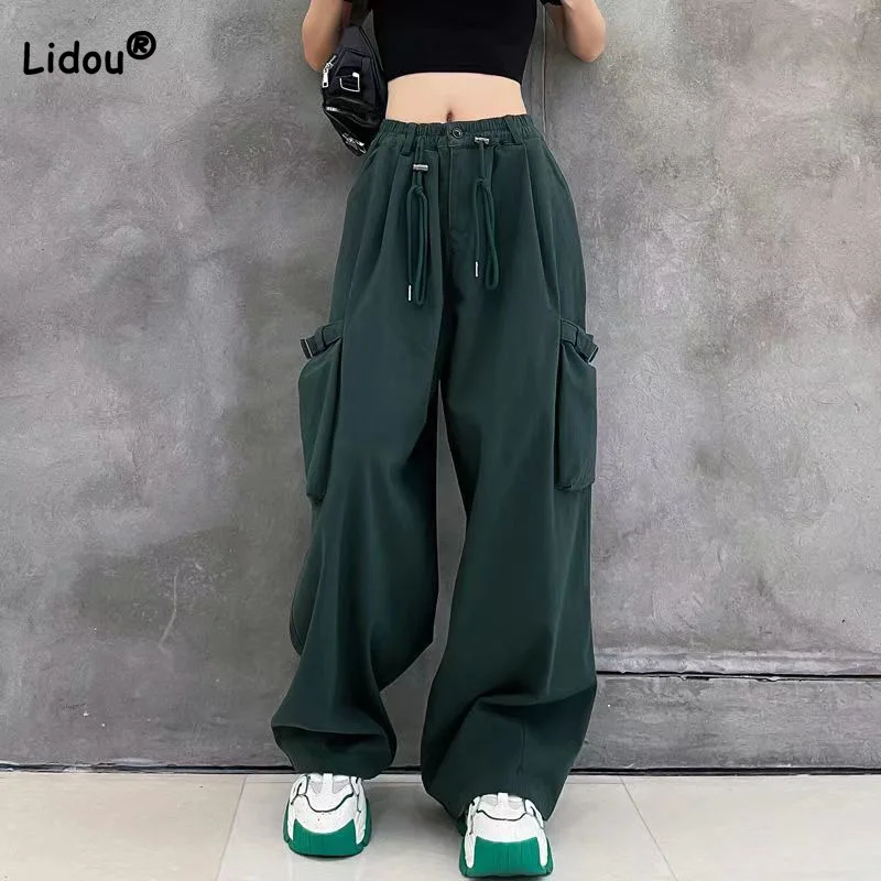 100% Cotton Bandage Patchwork Button High Waist Wide Leg Trousers Spring Autumn Korean Solid Pockets Womens Sweatpants Trend