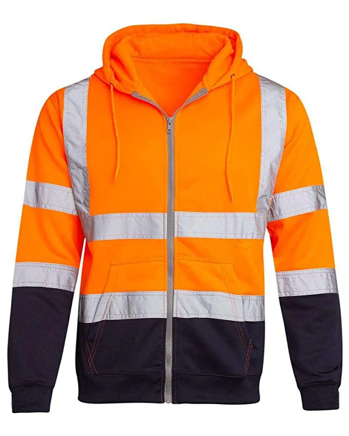 Men's Reflective Hooded Sweatshirt Winter Fleece Color Block Zipper Jacket Sanitation Worker Uniform High Visibility Work Clothe