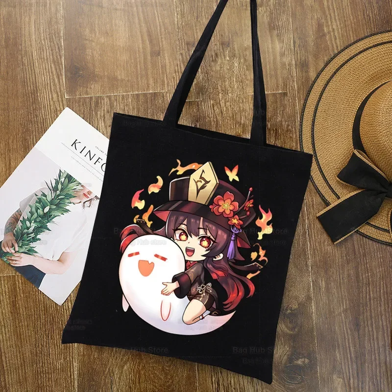 Hu Tao And Ghost Print Canvas Tote Black Bags Harajuku Casual Genshin Impact Game Anime Female Tote Eco Shopper Shoulder Bags