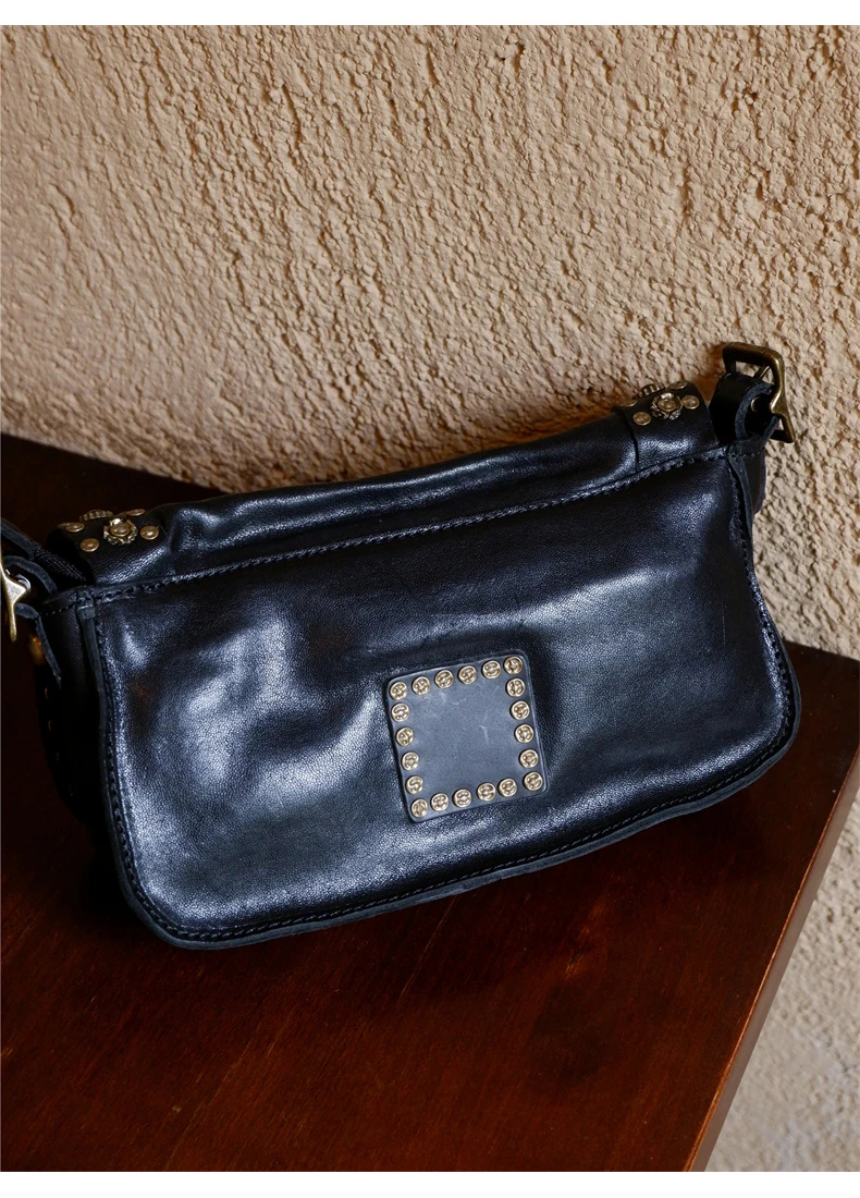 PNDME Designer handgemachte echtes Leder Damen Umhängetasche Vintage Luxus Rindsleder Damen schwarz Nieten Unterarmtasche – Detail 9