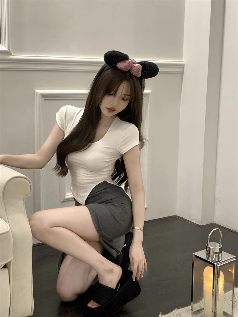 Summer Korean Fashion Y2K T-shirt Woman Japane Crop Top U-neck Split Sexy Red Pink White Tee Shirt Women Vintage767_voghion.com