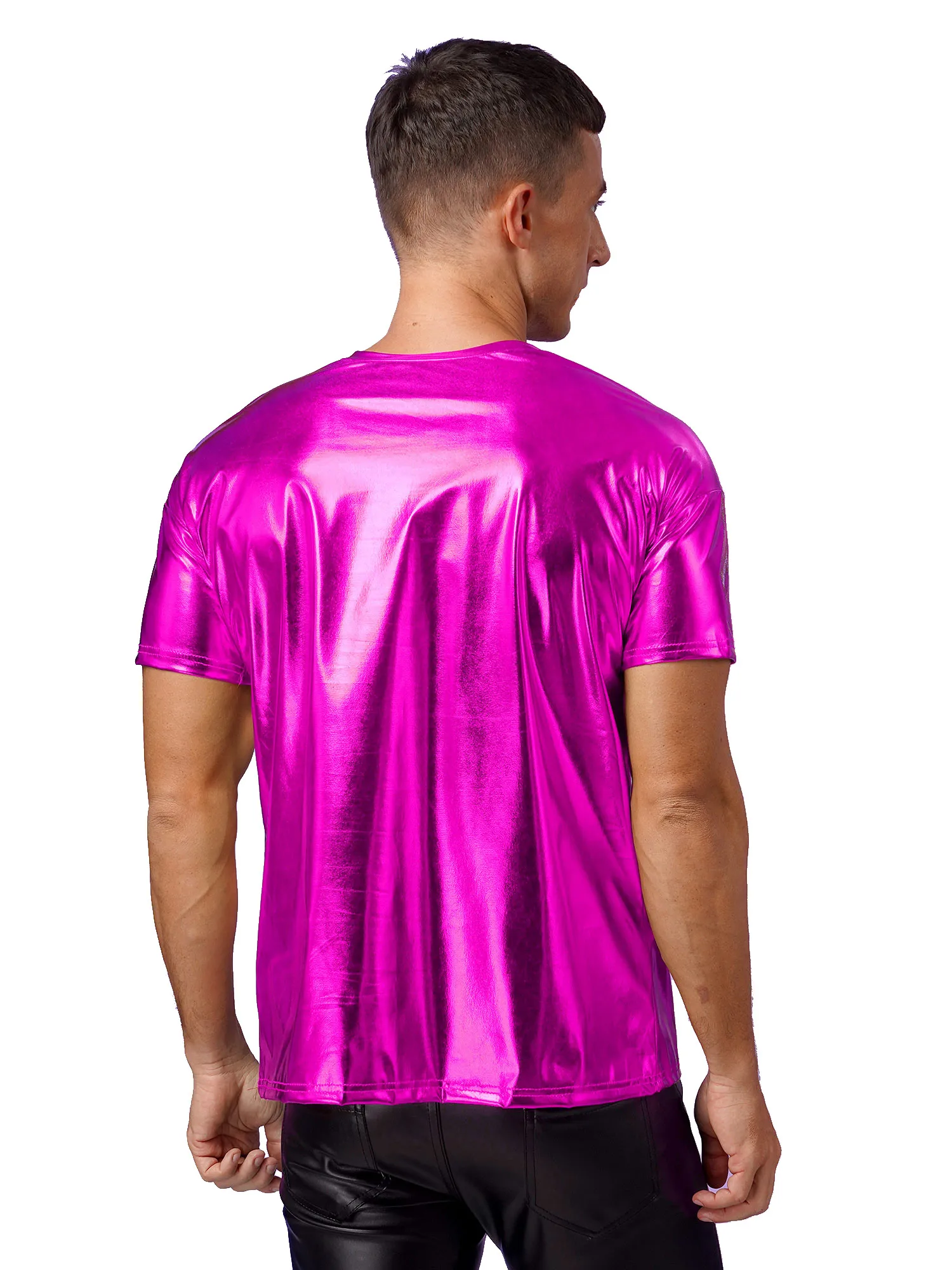 Men's Shiny Oil Short Sleeve Mock Neck Crop Top - Muscle Fit, Disco Party, Stage Performance
