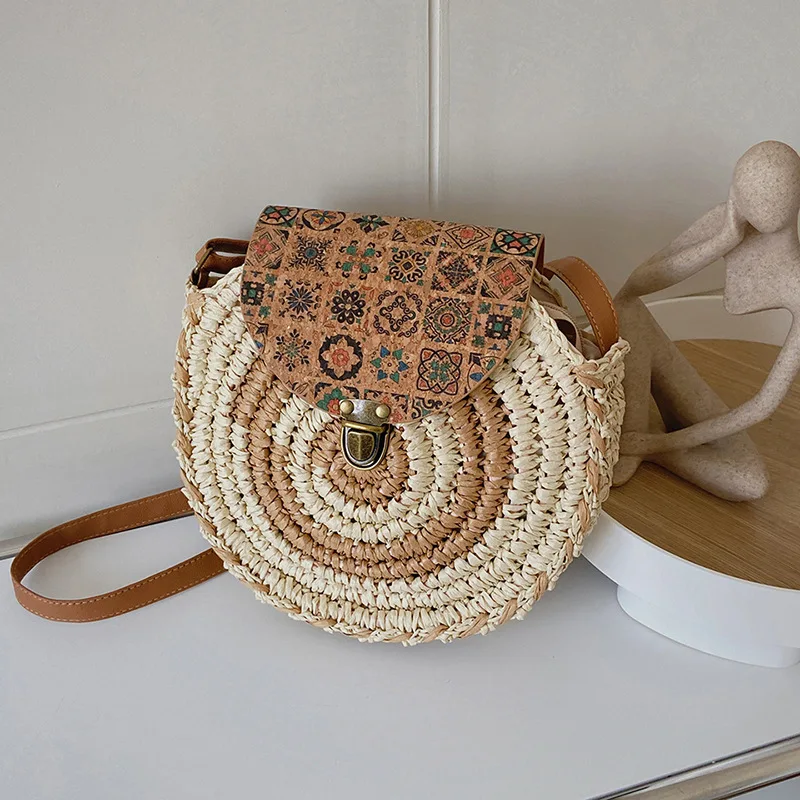 Round Straw Bag Women Woven Beach Crossbody Bag Ladies Rattan