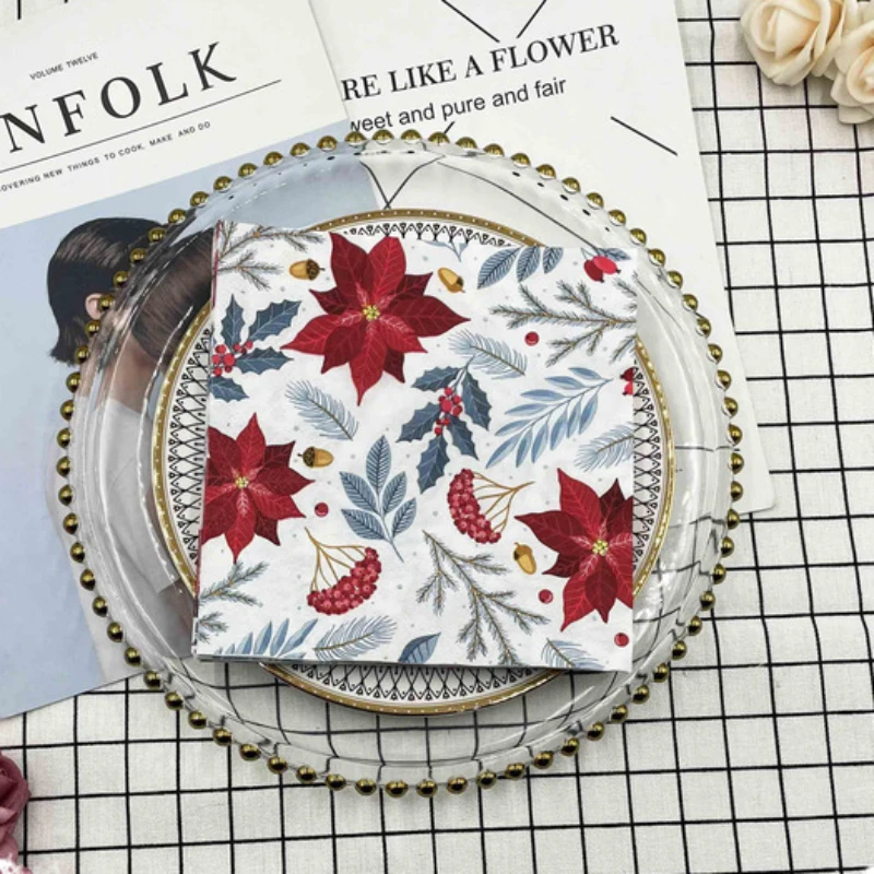 다채로운 인쇄 냅킨, 크리스마스 꽃 종이 냅킨, 목재 펄프 종이, 파티 일회용 플레이스매트, 2 겹, 10, 20 개/팩 