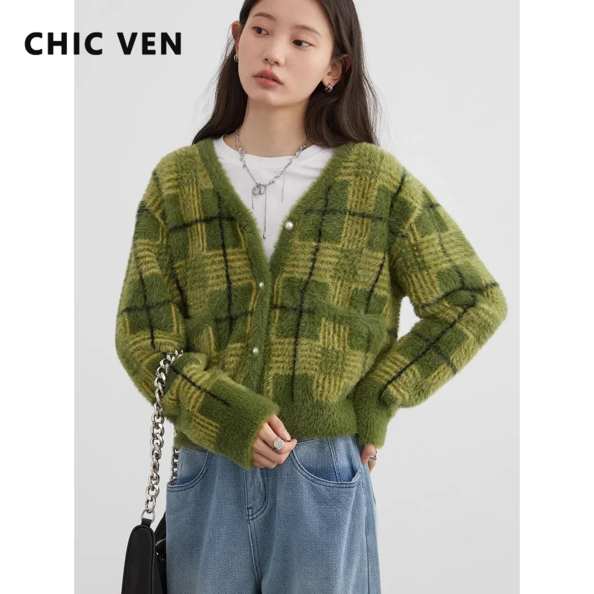 CHIC VEN Women's Cardigan Single Breasted New Vintage Plaid Sweater Soft Woman Jumpers Female Top Winter Autumn 2023 2