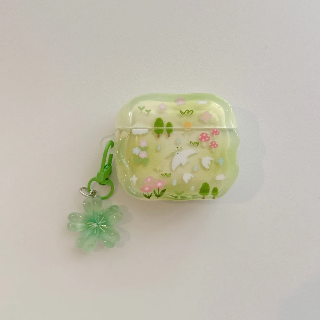 Fresh Green Forest Garden Swallow Earphone Cover Case with Wavy Edge and Pendant, Shock Proof Design