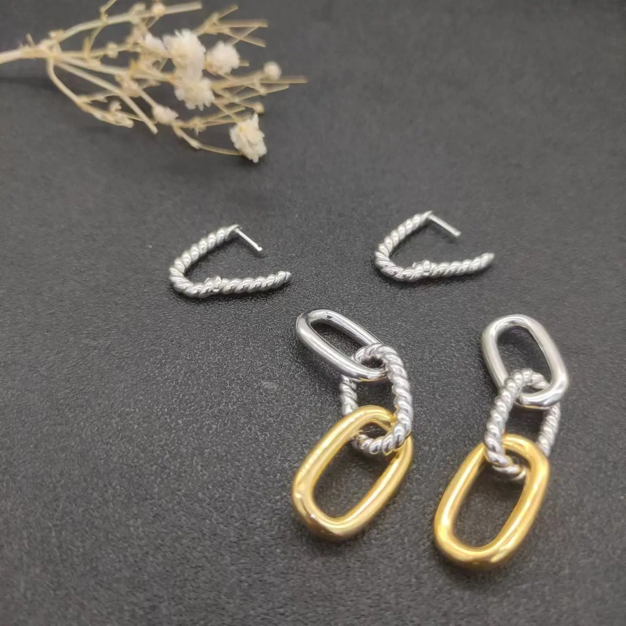 HSC DY Gold Hook Twisted Wire Buckle Earrings in Sterling Silver with 14K Yellow PlatedPlated