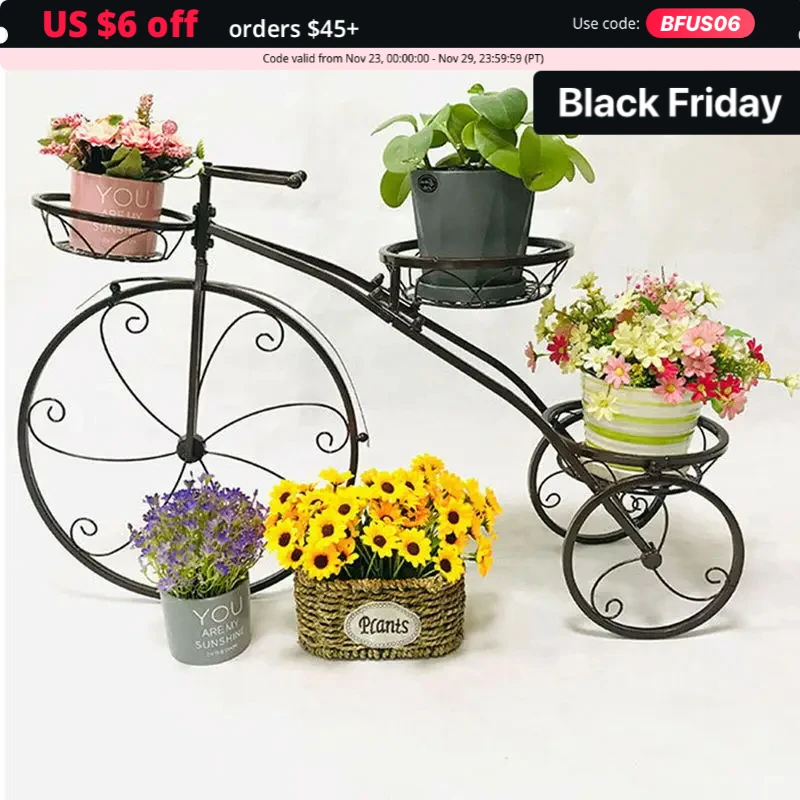 

Outdoor Indoor Flower Pot Black/White Bicycle Plant Stand Yard Iron Basket Shelf Home Garden Decor Plant Stand Pot Cart Holder
