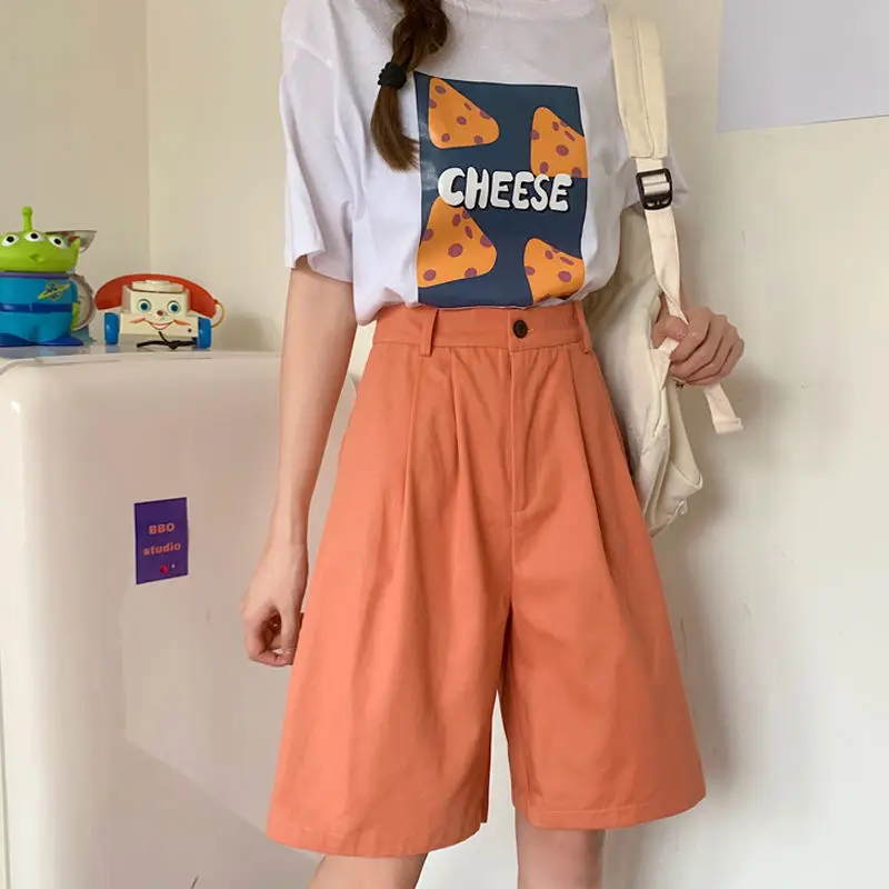Soft Pleated Shorts Women’s Japan Simple Summer Knee Length Trousers College Teens Unisex Vintage High Rise Waist Loose Plus size womens Japanese Clothing for Woman in Orange