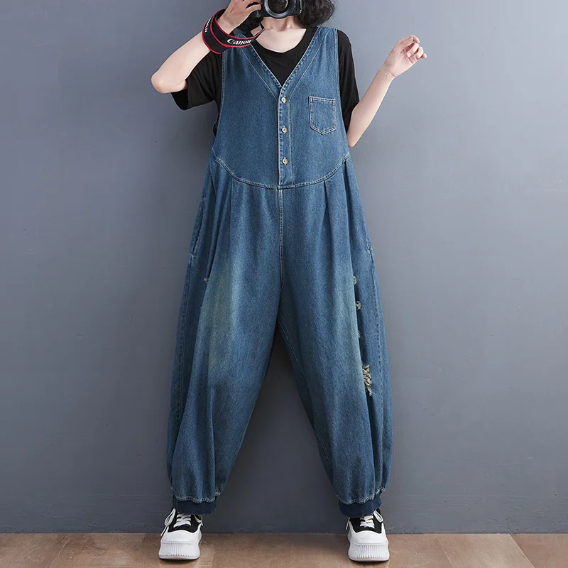 #2342 Spring Summer Long Jumpsuits Women Sleeveless Loose Wide Leg Jumpsuits Female Sleeveless Jumpsuits Rompers V-neck Buttons