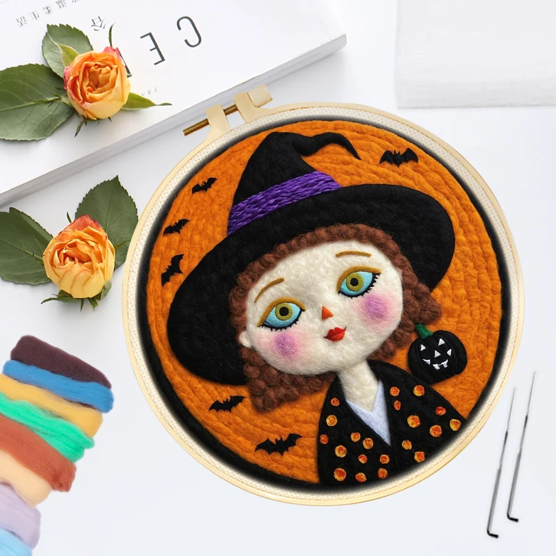 Needle Felting Painting Kit for Beginner Witch Halloween Pumpkin DIY Wool Needle Felt Starter Kit Home Decoration CHENISTORY