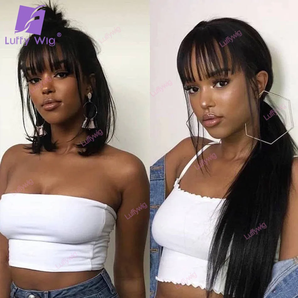 Straight Bang Wig Human Hair Brazilian Remy O Scalp Top Human Hair Wigs With Bangs 200 Density Glueless For Black Women Luffy
