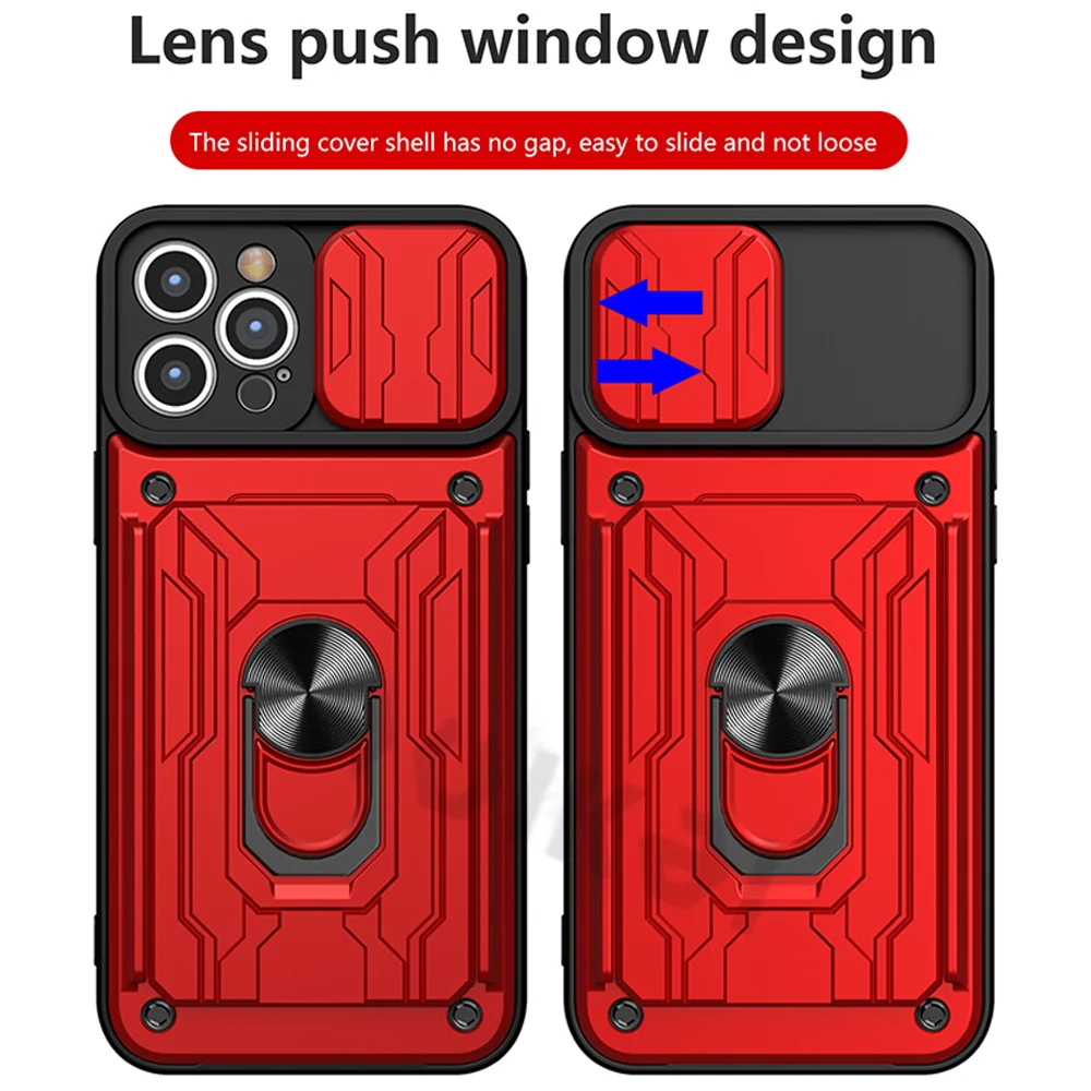 For iPhone 13 12 11 Pro Max Case Slide Stand Kickstand Ring Camera Military Grade Card Slot SE 2020 XR XS Max X XS 8 Plus Cover