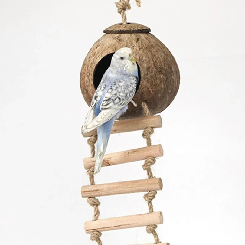 Casetta per Uccelli in Cocco con Scala Sospesa, Nido per Uccelli in Cocco Sospeso, Nascondiglio per Pappagalli, Gabbia per Uccelli per Piccioncini e Piccioni, Accessori per Animali Domestici - immagine 3