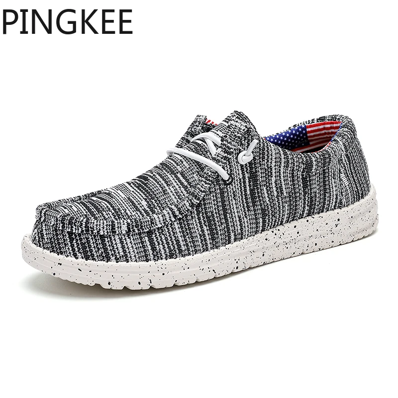 

PINGKEE Textile Upper Slip-On Elastic Laces Sneaker Geometric Stripes Detachable Insole Ultralight Mens Driving Loafers Shoes