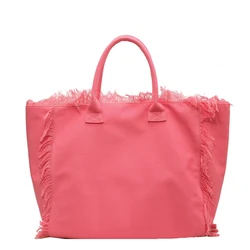 Chic Tassel Striped Canvas Beach Tote - Large Capacity Casual Shopping Bag (Pink)