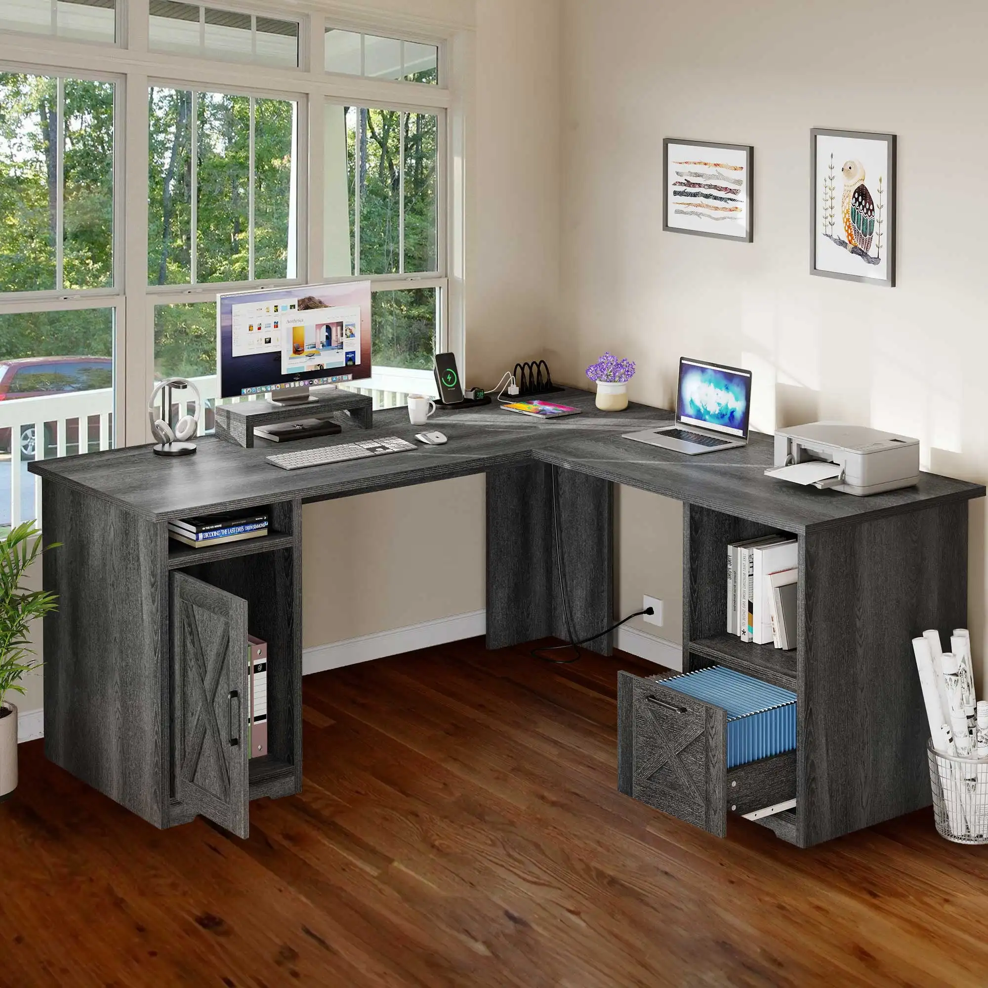 59 Inch L-Shaped Desk with Power Outlet & USB Ports, Office Desk with File Cabinets Large Computer Desk with Drawers 1